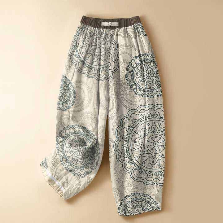 Buddha Stones Pure Cotton Boho Mandala Pattern Frog Button Women's Elastic Waist Harem Pants With Pockets - Beige - US16，UK/AU20，EU48 (3XL) - image 0
