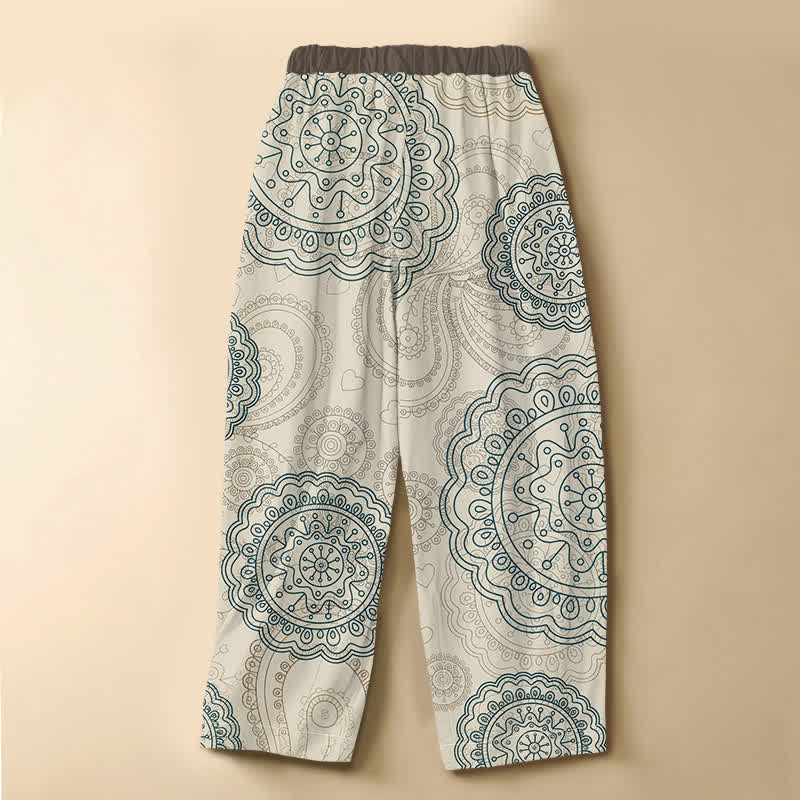 Buddha Stones Pure Cotton Boho Mandala Pattern Frog Button Women's Elastic Waist Harem Pants With Pockets - image 1