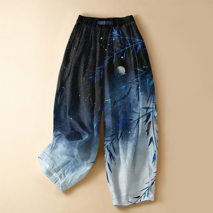 Buddha Stones Pure Cotton Starry Moon Bamboo Pattern Frog Button Women's Elastic Waist Harem Pants With Pockets - Navy - US16，UK/AU20，EU48 (3XL) - image 5