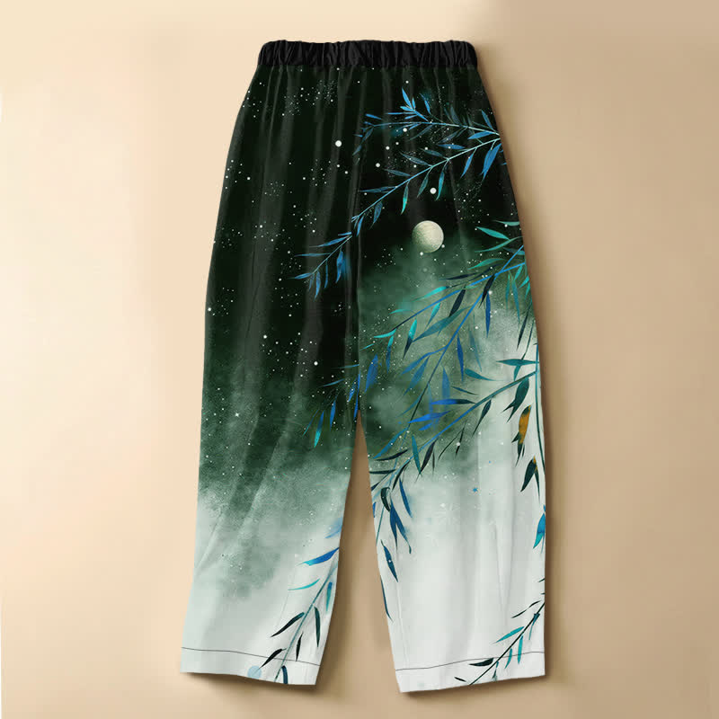 Buddha Stones Pure Cotton Starry Moon Bamboo Pattern Frog Button Women's Elastic Waist Harem Pants With Pockets - image 8