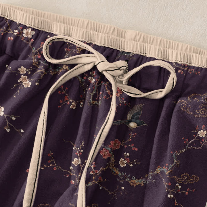 Buddha Stones Pure Cotton Elegant Bird Blossom Pattern Women's Elastic Waist Pants With Pockets - image 1
