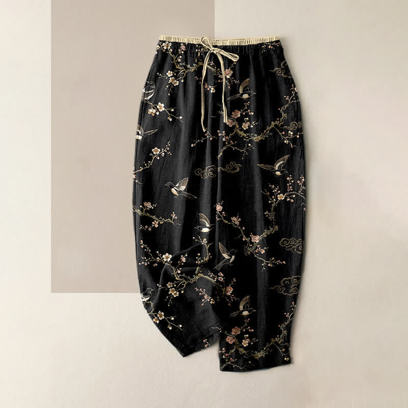 Buddha Stones Pure Cotton Elegant Bird Blossom Pattern Women's Elastic Waist Pants With Pockets - Black - US16，UK/AU20，EU48 (3XL) - image 4