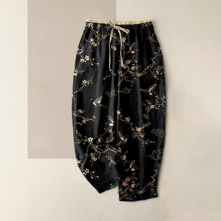 Buddha Stones Pure Cotton Elegant Bird Blossom Pattern Women's Elastic Waist Pants With Pockets - Black - US16，UK/AU20，EU48 (3XL) - image 4
