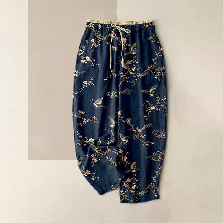 Buddha Stones Pure Cotton Elegant Bird Blossom Pattern Women's Elastic Waist Pants With Pockets - Navy - US16，UK/AU20，EU48 (3XL) - image 5