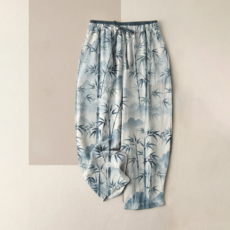 Buddha Stones Pure Cotton Zen Bamboo Leaf Pattern Women's Elastic Waist Pants With Pockets - LightBlue - US16，UK/AU20，EU48 (3XL) - image 3