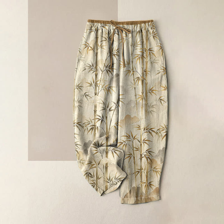 Buddha Stones Pure Cotton Zen Bamboo Leaf Pattern Women's Elastic Waist Pants With Pockets - PaleGoldenrod - US16，UK/AU20，EU48 (3XL) - image 4