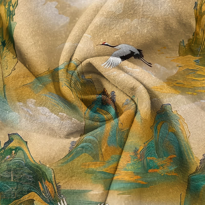 Buddha Stones Pure Cotton Misty Mountain Crane Pattern Women's Elastic Waist Pants With Pockets - image 2