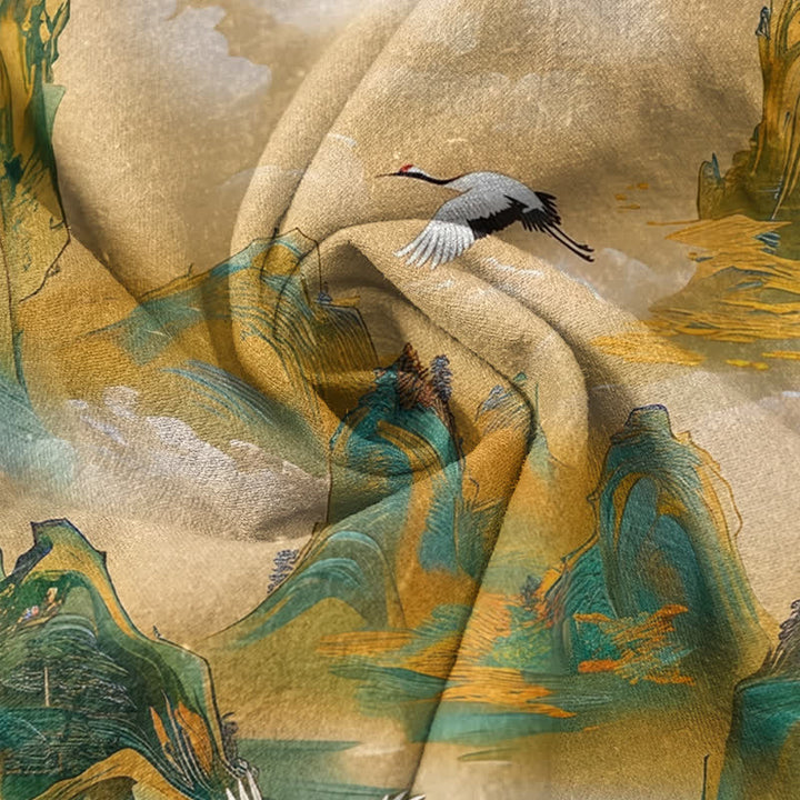 Buddha Stones Pure Cotton Misty Mountain Crane Pattern Women's Elastic Waist Pants With Pockets - image 2