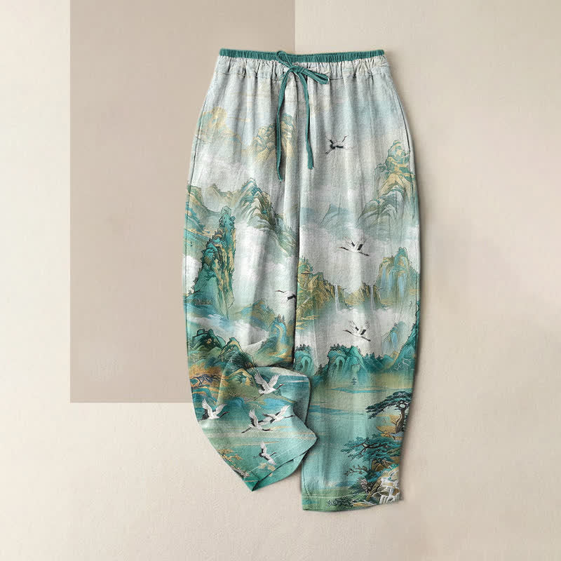 Buddha Stones Pure Cotton Misty Mountain Crane Pattern Women's Elastic Waist Pants With Pockets - Turquoise - US16，UK/AU20，EU48 (3XL) - image 4