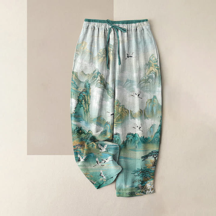Buddha Stones Pure Cotton Misty Mountain Crane Pattern Women's Elastic Waist Pants With Pockets - Turquoise - US16，UK/AU20，EU48 (3XL) - image 4