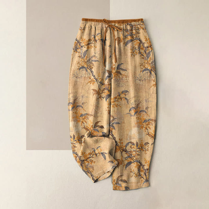 Buddha Stones Pure Cotton Vintage Botanical Floral Pattern Women's Elastic Waist Pants With Pockets - Goldenrod - US16，UK/AU20，EU48 (3XL) - image 0