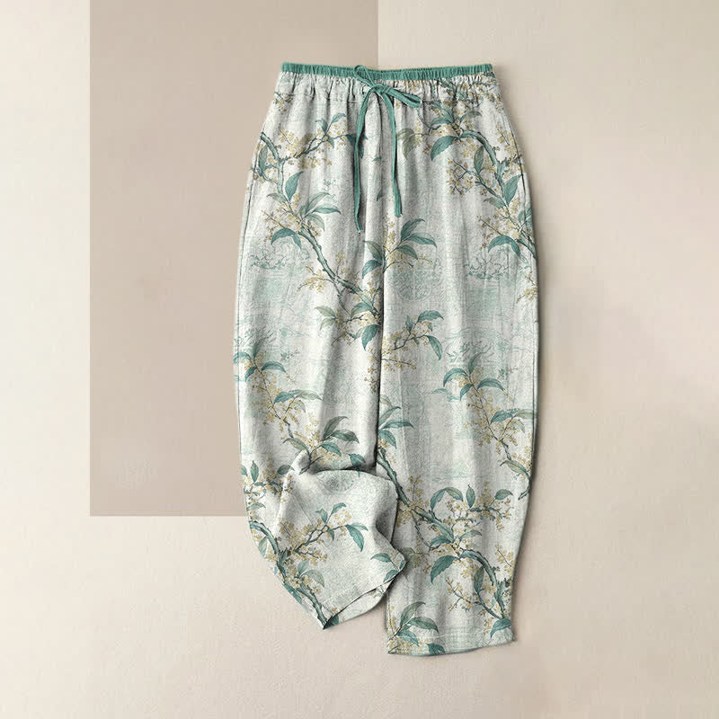 Buddha Stones Pure Cotton Vintage Botanical Floral Pattern Women's Elastic Waist Pants With Pockets - Turquoise - US16，UK/AU20，EU48 (3XL) - image 3