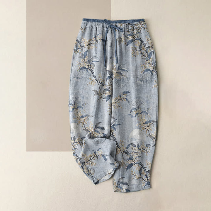 Buddha Stones Pure Cotton Vintage Botanical Floral Pattern Women's Elastic Waist Pants With Pockets - LightSkyBlue - US16，UK/AU20，EU48 (3XL) - image 4