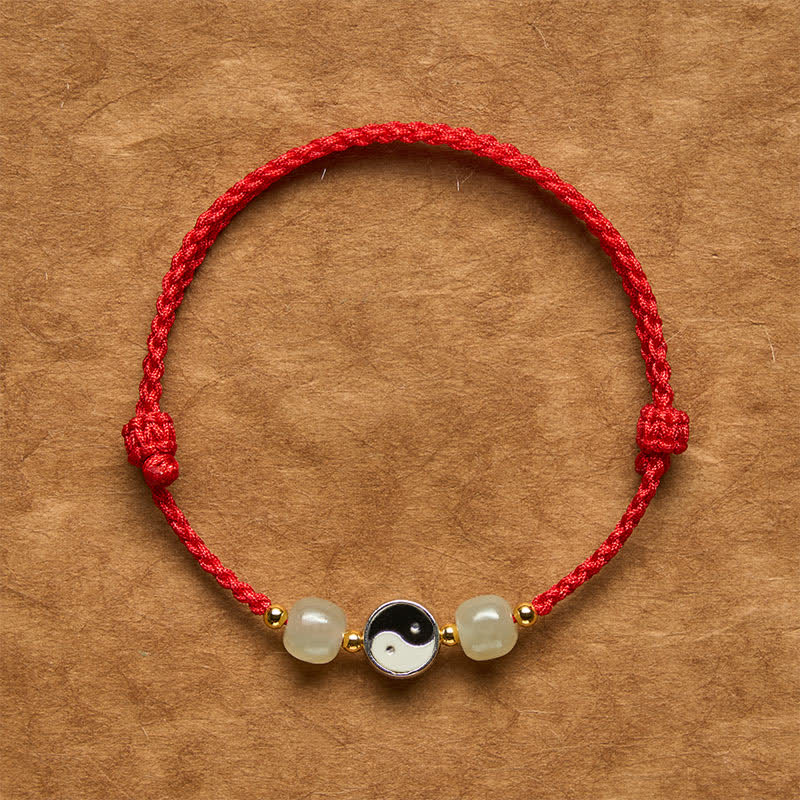 Buddha Stones Alloy Yin Yang Hetian Jade Bead Red String Balance Bracelet - image 1