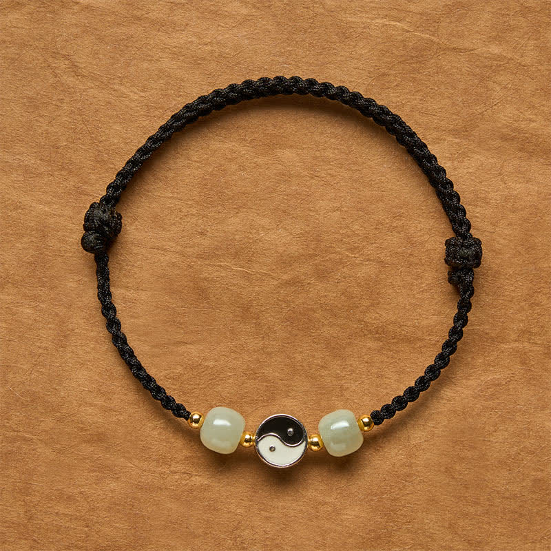 Buddha Stones Alloy Yin Yang Hetian Jade Bead Red String Balance Bracelet - Black String - 6.3-7.1 in (16-18 cm) - image 11