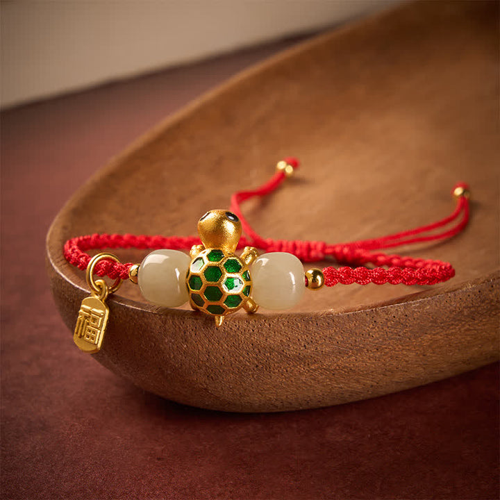 Buddha Stones Copper Turtle Fu Character Hetian Jade Red String Prosperity Bracelet - image 1