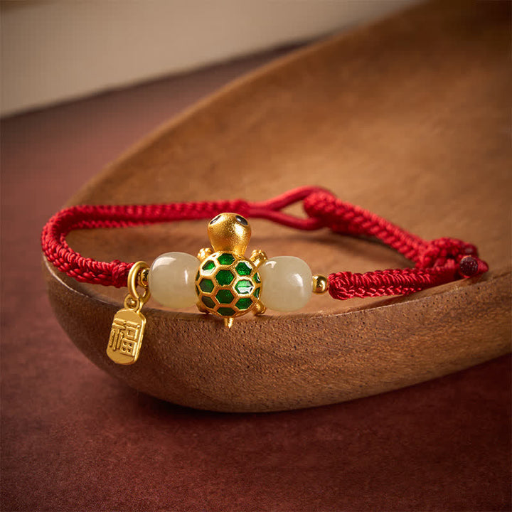 Buddha Stones Copper Turtle Fu Character Hetian Jade Red String Luck Bracelet - image 1