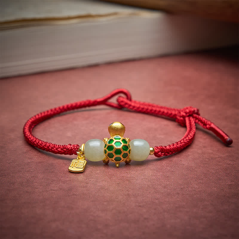 Buddha Stones Copper Turtle Fu Character Hetian Jade Red String Luck Bracelet - image 3