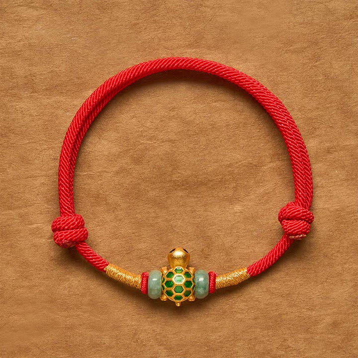 Buddha Stones Copper Turtle Jade Fu Character Luck Red String Bracelet - Turtle Bracelet - 6.3–7.1 in (16-18 cm) - image 0