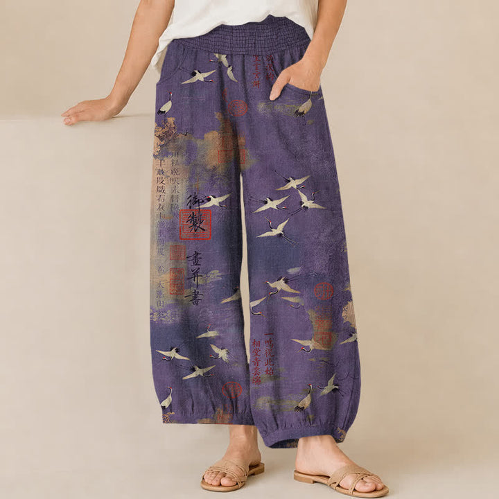 Buddha Stones Cotton Oriental Crane Calligraphy Pattern Pleated Elastic Waist Women's Harem Pants With Pockets - Purple - US16，UK/AU20，EU48 (3XL) - image 10