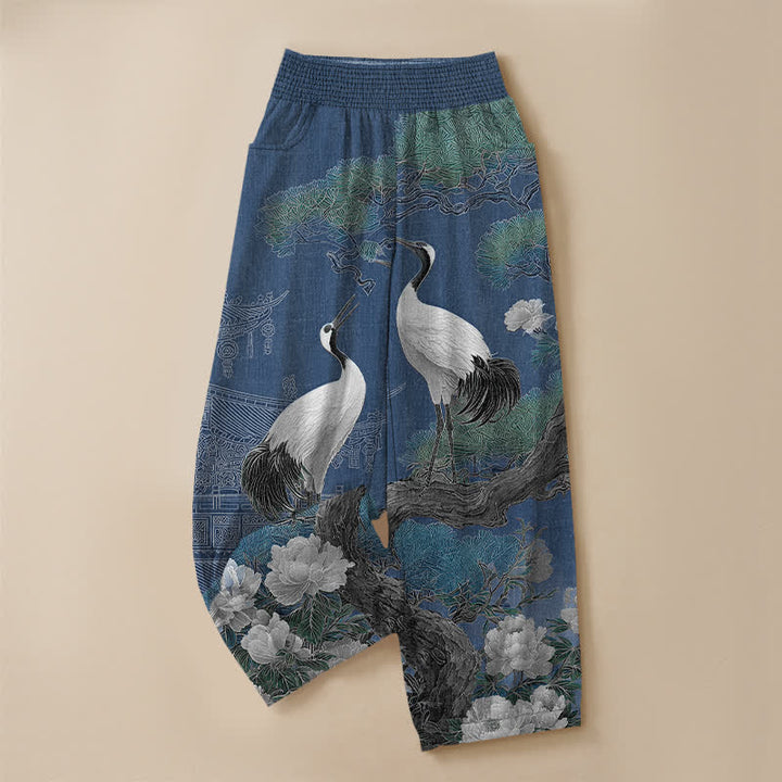 Buddha Stones Cotton Oriental Crane White Blossom Pattern Pleated Elastic Waist Women's Harem Pants With Pockets - image 3