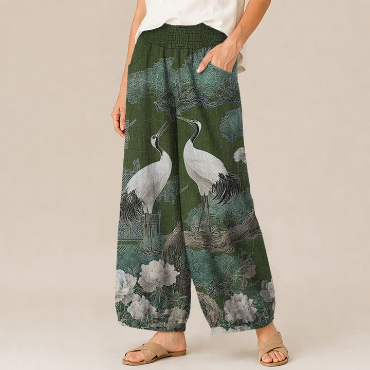 Buddha Stones Cotton Oriental Crane White Blossom Pattern Pleated Elastic Waist Women's Harem Pants With Pockets - image 7