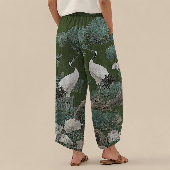Buddha Stones Cotton Oriental Crane White Blossom Pattern Pleated Elastic Waist Women's Harem Pants With Pockets - image 8