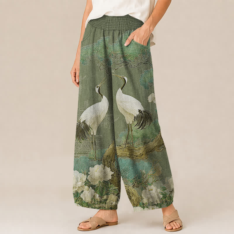 Buddha Stones Cotton Oriental Crane White Blossom Pattern Pleated Elastic Waist Women's Harem Pants With Pockets - image 11