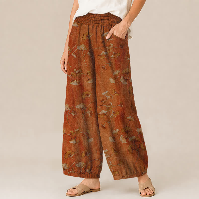 Buddha Stones Cotton Ginkgo Leaves Pattern Pleated Elastic Waist Women's Harem Pants With Pockets - image 11
