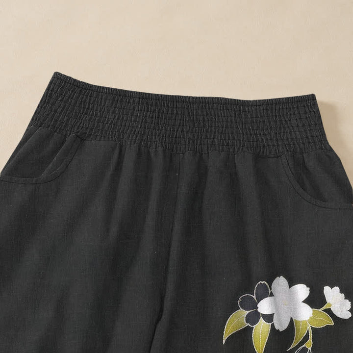 Buddha Stones Cotton Oriental Floral Peony Garden Pattern Pleated Elastic Waist Women's Harem Pants With Pockets - image 4