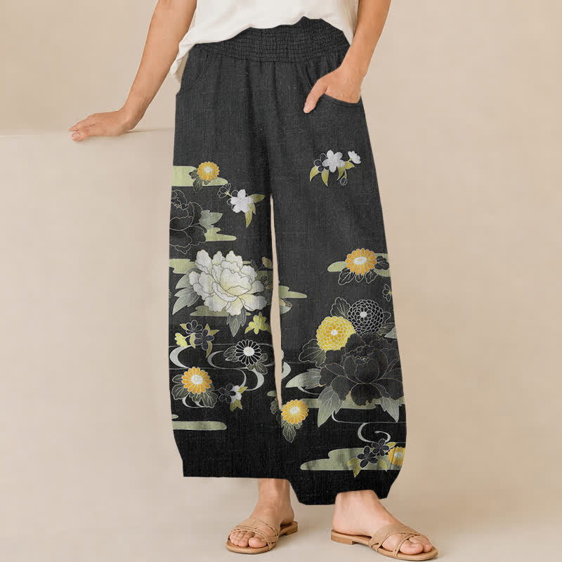 Buddha Stones Cotton Oriental Floral Peony Garden Pattern Pleated Elastic Waist Women's Harem Pants With Pockets - Black - US16，UK/AU20，EU48 (3XL) - image 0