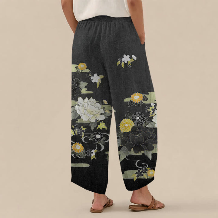 Buddha Stones Cotton Oriental Floral Peony Garden Pattern Pleated Elastic Waist Women's Harem Pants With Pockets - image 2