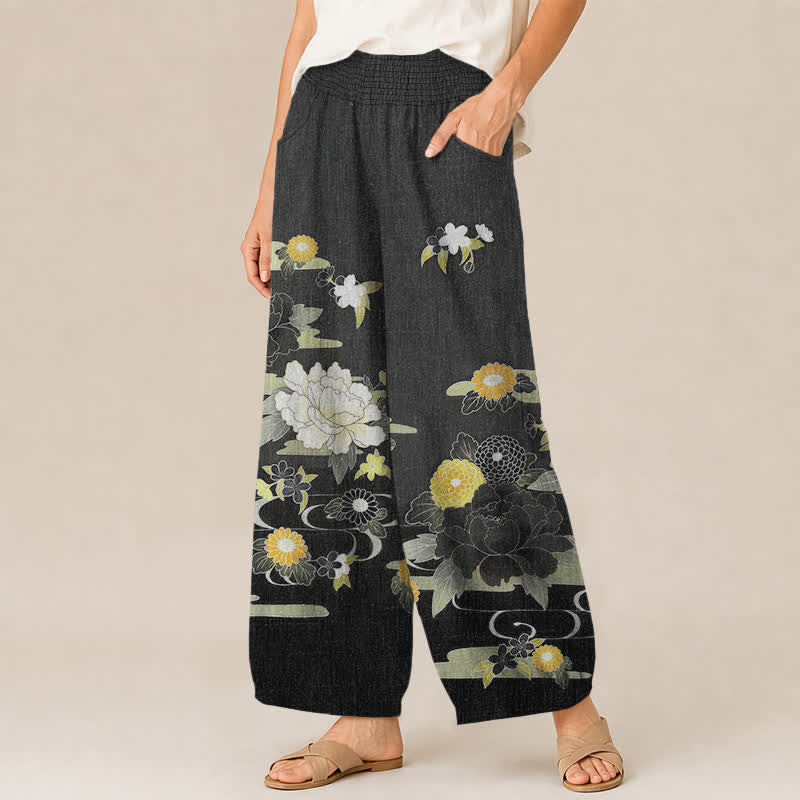 Buddha Stones Cotton Oriental Floral Peony Garden Pattern Pleated Elastic Waist Women's Harem Pants With Pockets - image 1