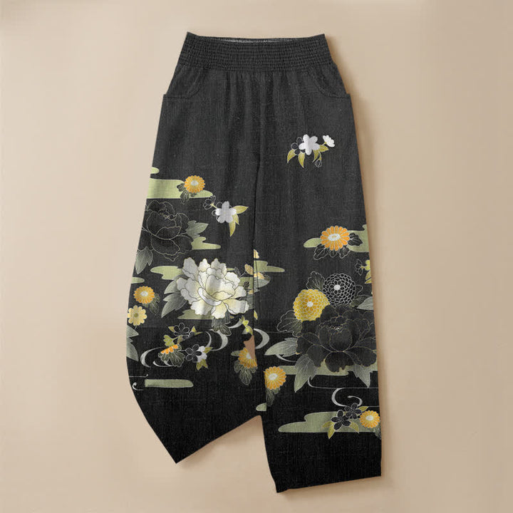 Buddha Stones Cotton Oriental Floral Peony Garden Pattern Pleated Elastic Waist Women's Harem Pants With Pockets - image 3