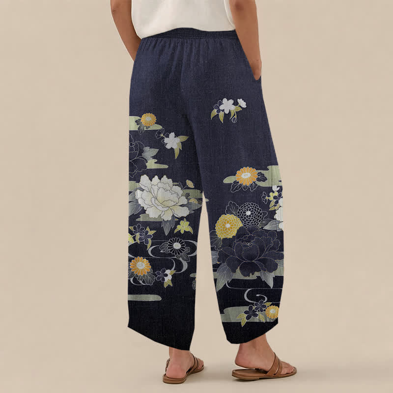 Buddha Stones Cotton Oriental Floral Peony Garden Pattern Pleated Elastic Waist Women's Harem Pants With Pockets - image 8