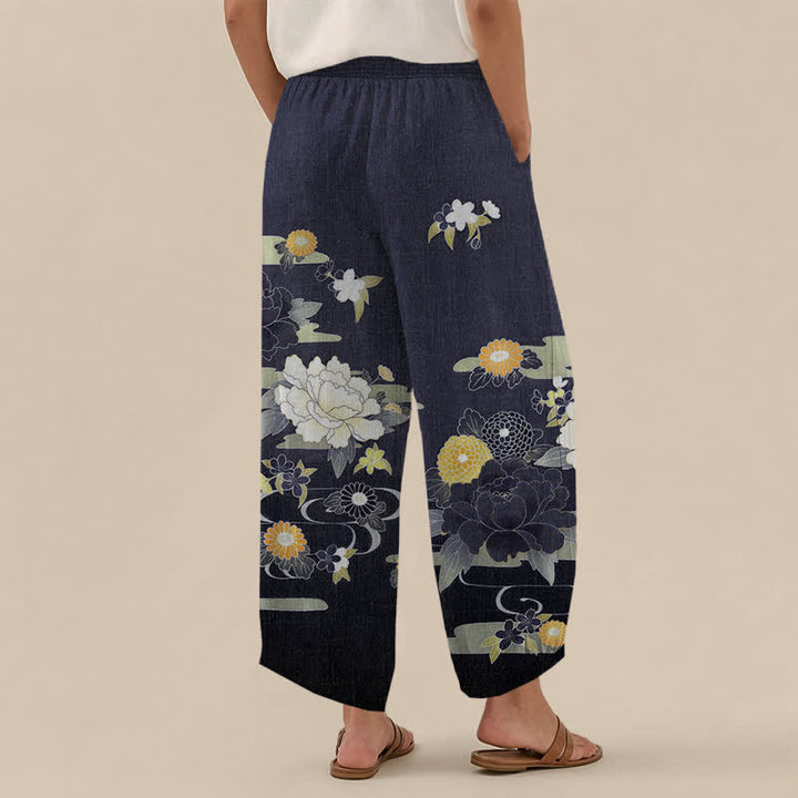 Buddha Stones Cotton Oriental Floral Peony Garden Pattern Pleated Elastic Waist Women's Harem Pants With Pockets - image 8