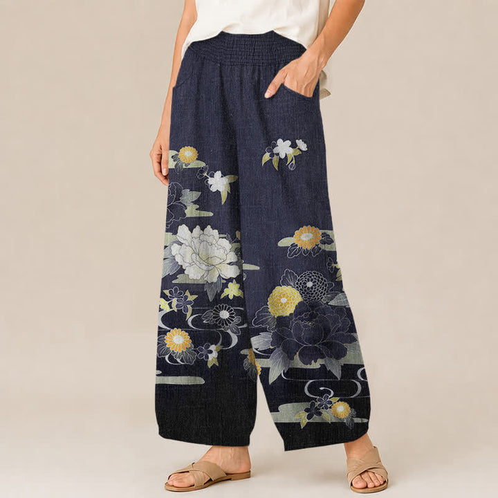 Buddha Stones Cotton Oriental Floral Peony Garden Pattern Pleated Elastic Waist Women's Harem Pants With Pockets - image 7