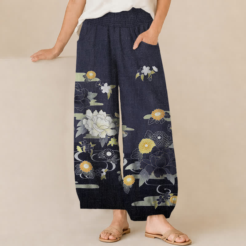 Buddha Stones Cotton Oriental Floral Peony Garden Pattern Pleated Elastic Waist Women's Harem Pants With Pockets - Navy - US16，UK/AU20，EU48 (3XL) - image 6
