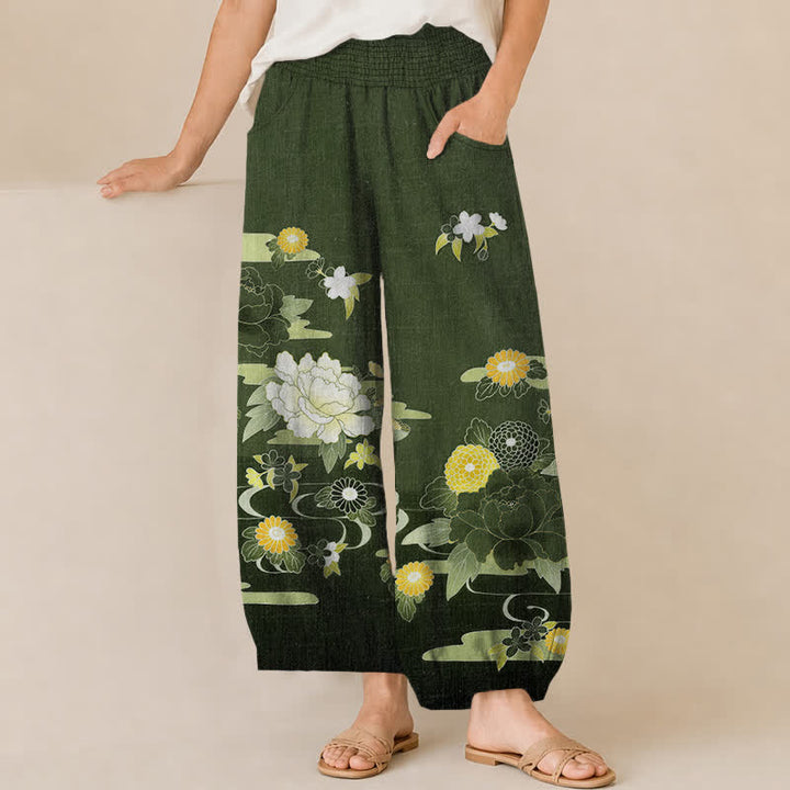 Buddha Stones Cotton Oriental Floral Peony Garden Pattern Pleated Elastic Waist Women's Harem Pants With Pockets - ForestGreen - US16，UK/AU20，EU48 (3XL) - image 10