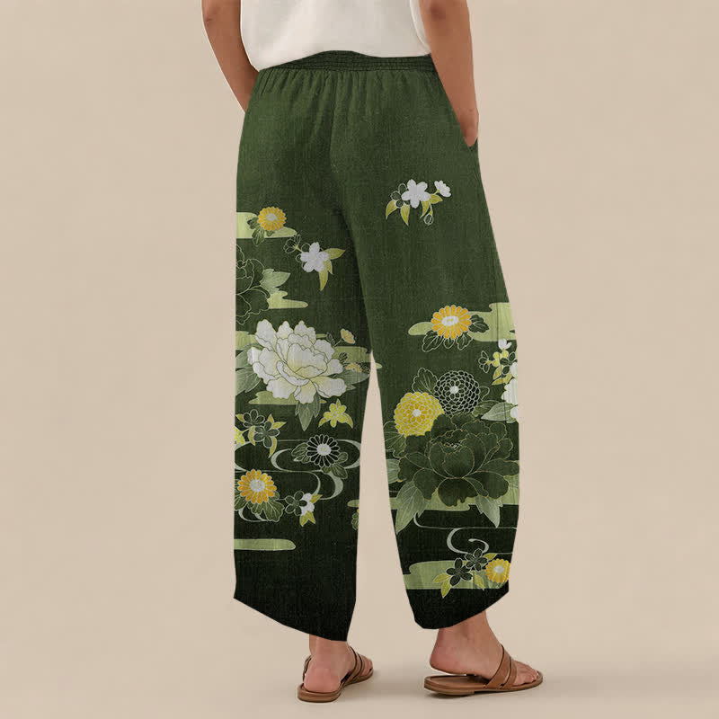 Buddha Stones Cotton Oriental Floral Peony Garden Pattern Pleated Elastic Waist Women's Harem Pants With Pockets - image 12