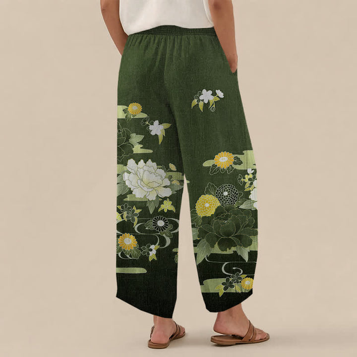 Buddha Stones Cotton Oriental Floral Peony Garden Pattern Pleated Elastic Waist Women's Harem Pants With Pockets - image 12