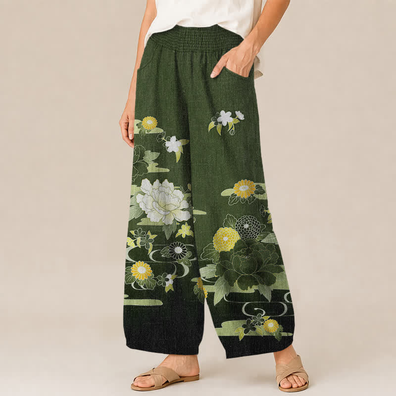 Buddha Stones Cotton Oriental Floral Peony Garden Pattern Pleated Elastic Waist Women's Harem Pants With Pockets - image 11