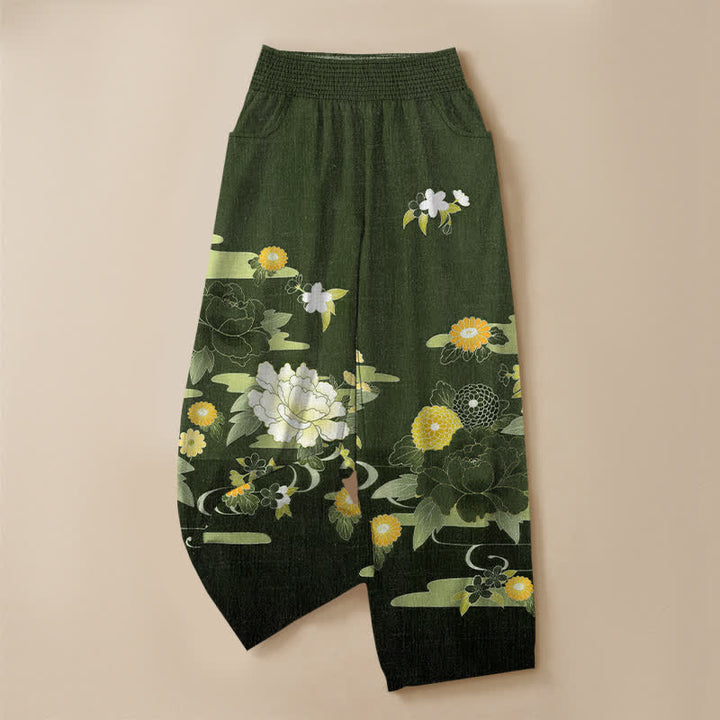 Buddha Stones Cotton Oriental Floral Peony Garden Pattern Pleated Elastic Waist Women's Harem Pants With Pockets - image 13