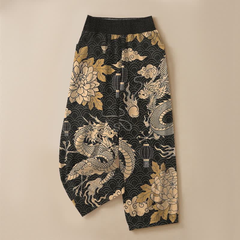 Buddha Stones Cotton Oriental Dragon Lotus Cloud Pattern Pleated Elastic Waist Women's Harem Pants With Pockets - image 3
