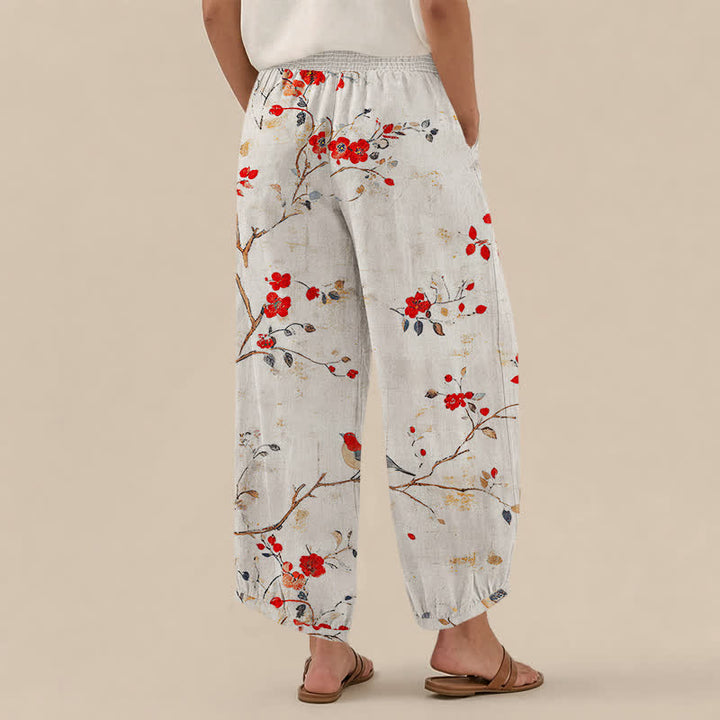 Buddha Stones Cotton Blossom Bird Branch Pattern Pleated Elastic Waist Women's Harem Pants With Pockets - image 2