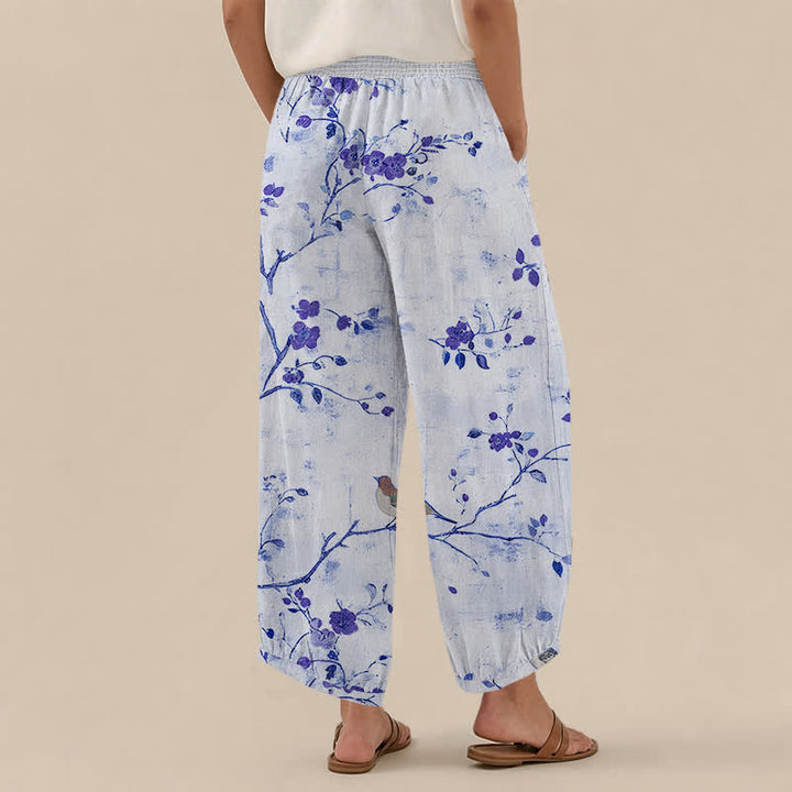 Buddha Stones Cotton Blossom Bird Branch Pattern Pleated Elastic Waist Women's Harem Pants With Pockets - image 8
