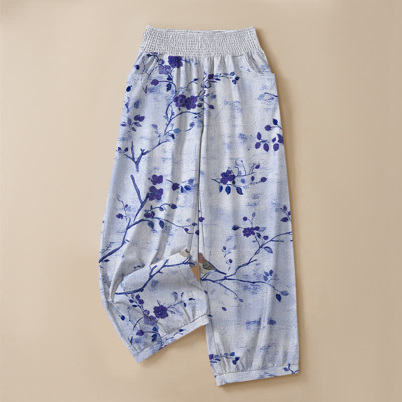 Buddha Stones Cotton Blossom Bird Branch Pattern Pleated Elastic Waist Women's Harem Pants With Pockets - image 9