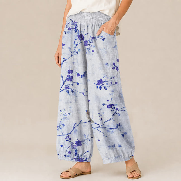 Buddha Stones Cotton Blossom Bird Branch Pattern Pleated Elastic Waist Women's Harem Pants With Pockets - image 7