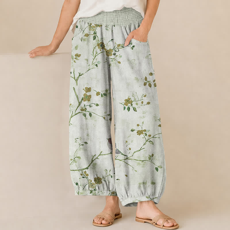 Buddha Stones Cotton Blossom Bird Branch Pattern Pleated Elastic Waist Women's Harem Pants With Pockets - MintCream - US16，UK/AU20，EU48 (3XL) - image 10