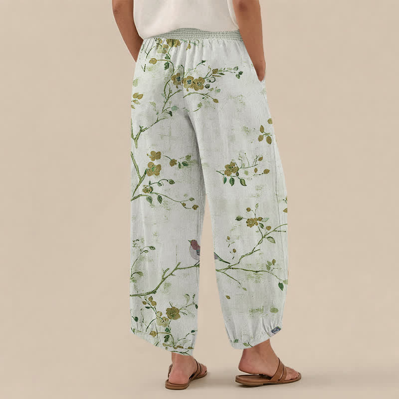 Buddha Stones Cotton Blossom Bird Branch Pattern Pleated Elastic Waist Women's Harem Pants With Pockets - image 12